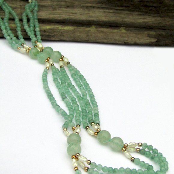Green Aventurine Beaded Necklace with Pearls 30" - Picture 5 of 5